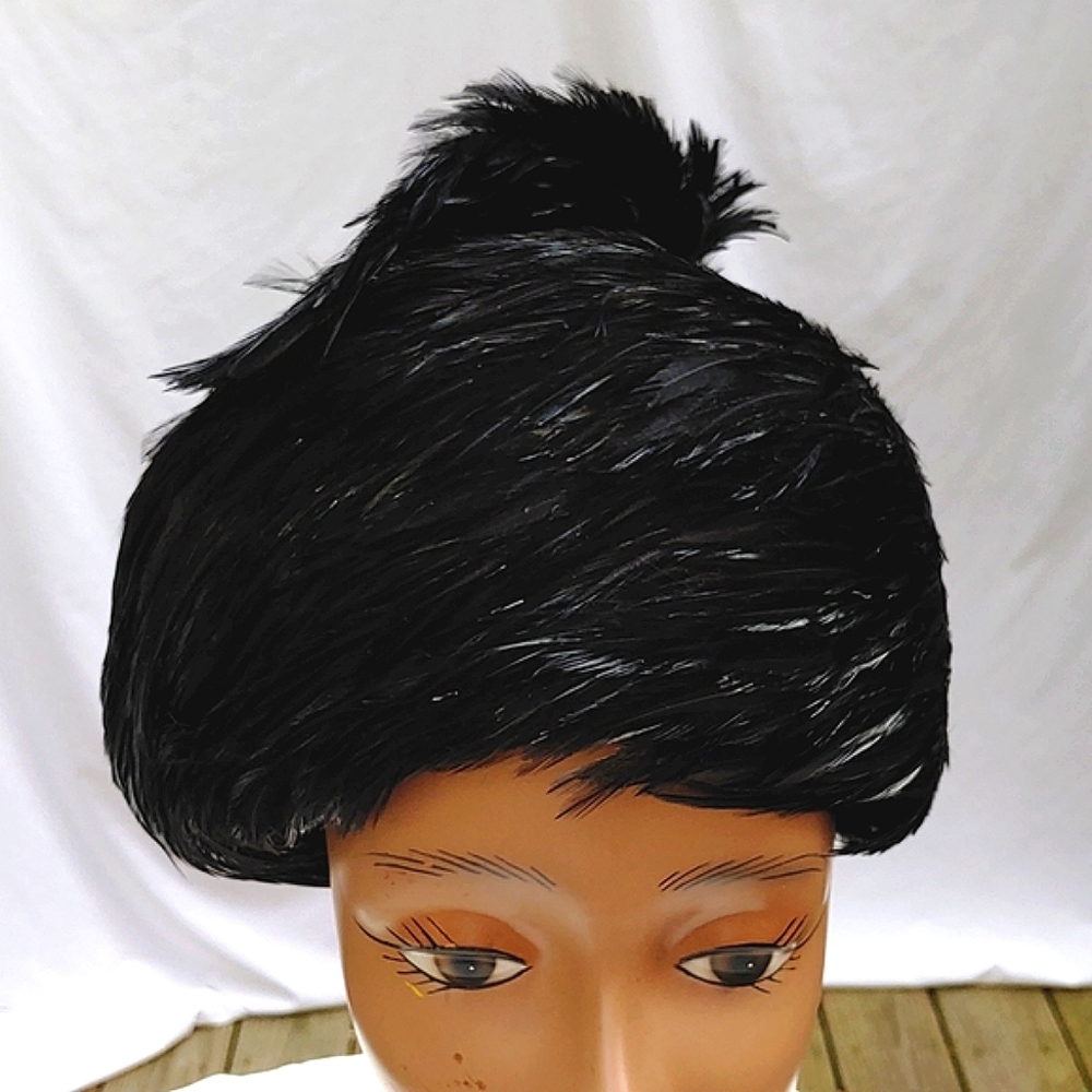 Vintage Jack McConnell, King of Millinery, feathered hat, black with asymmetrica